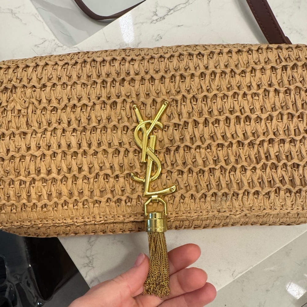 SAINT LAURENT Kate 99 Natural Raffia Tassel Shoulder Bag